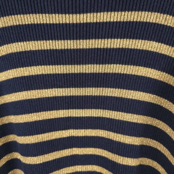 LAUREN RALPH LAUREN LOGO Navy Gold Metallic Stripe Cotton Blend Ribbed Sweater L - Picture 9 of 9